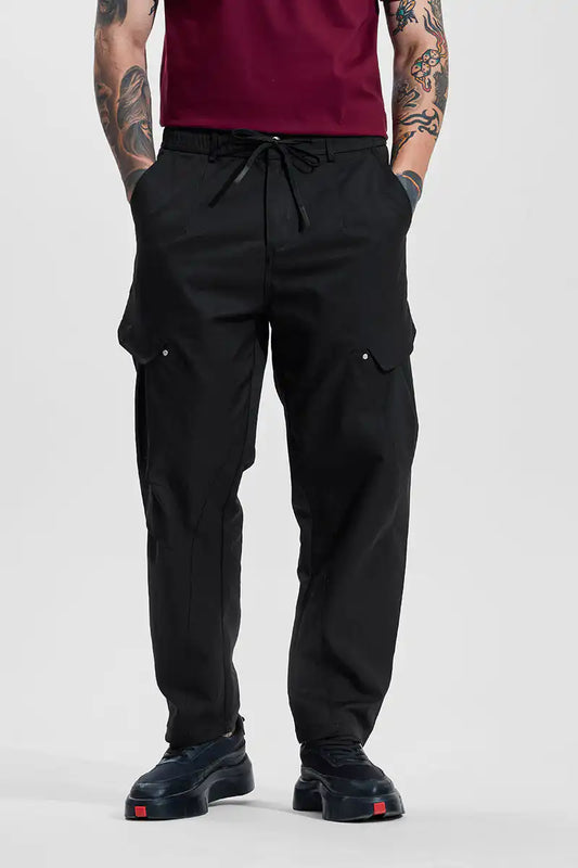 Black Mid Rise Relaxed Fit Cargo Pants