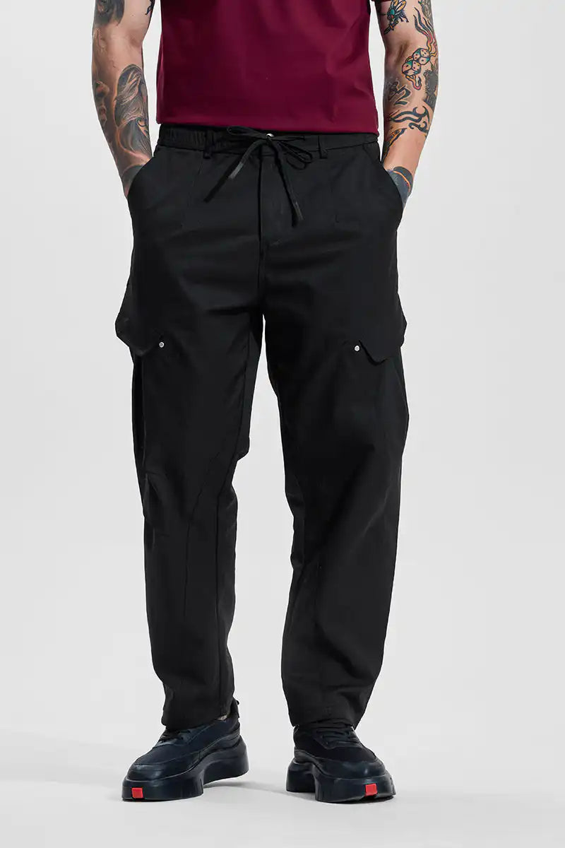 Black Mid Rise Relaxed Fit Cargo Pants